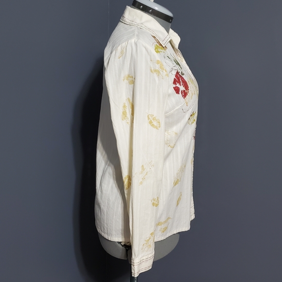 Koret Cream Shirt with Multicolor Floral Stamped Leaf Design Women's Size 10 - Picture 4 of 5